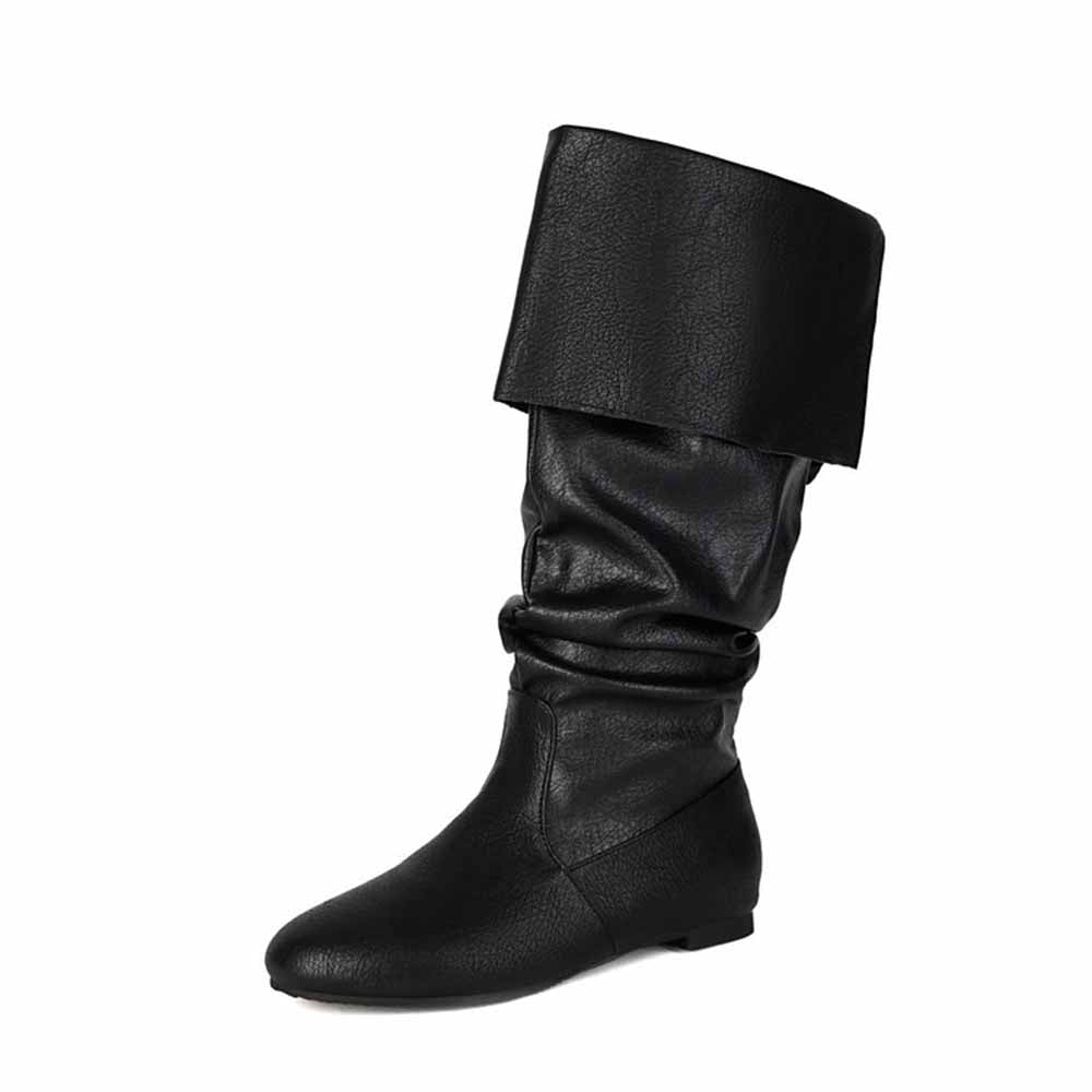 Women's faux leather flat boots in black with a stylish cuff design and comfortable fit