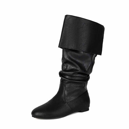 Women's faux leather flat boots in black with a stylish cuff design and comfortable fit