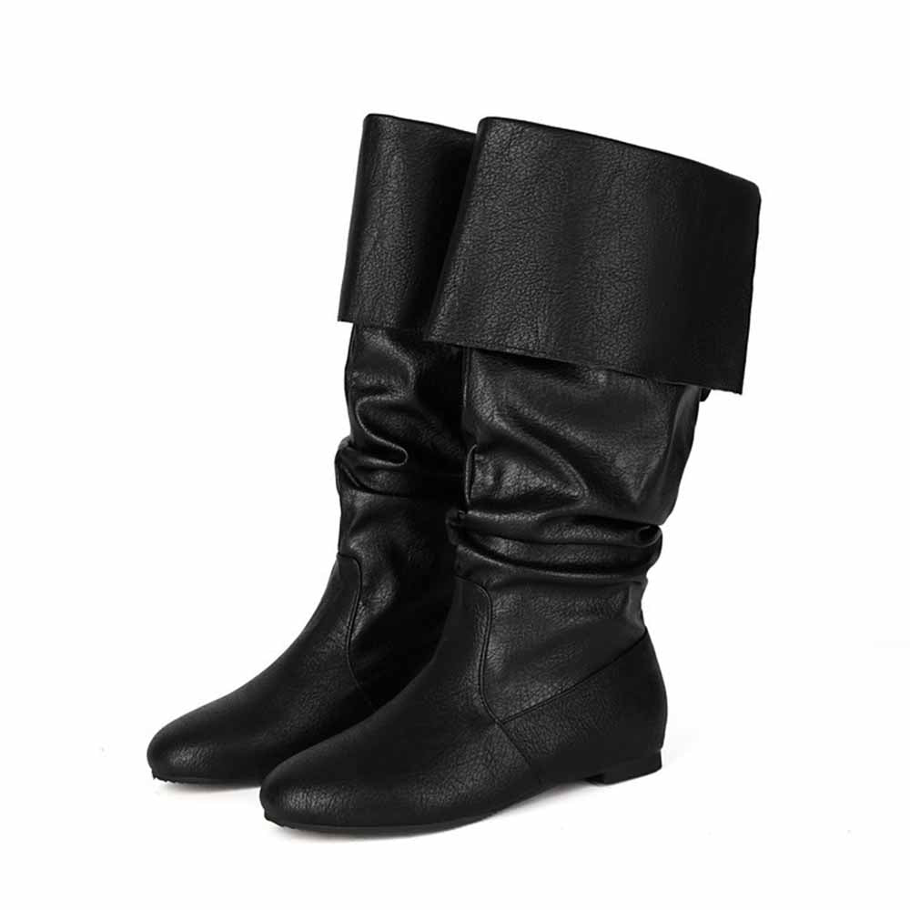 Stylish women's faux leather flat boots with a slouchy design and fold-over cuff in black