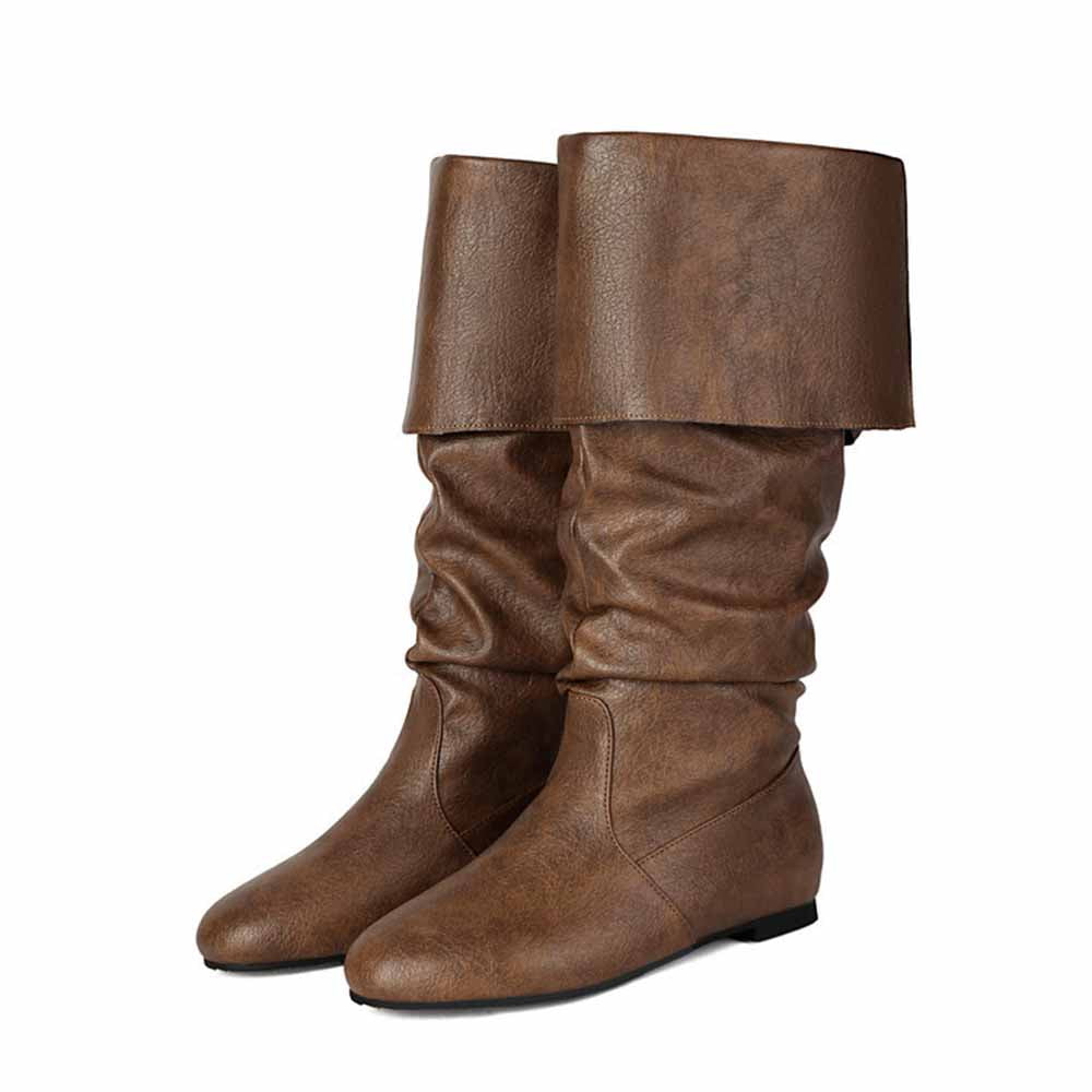 Stylish women's faux leather flat boots in brown with slouchy design for comfortable wear