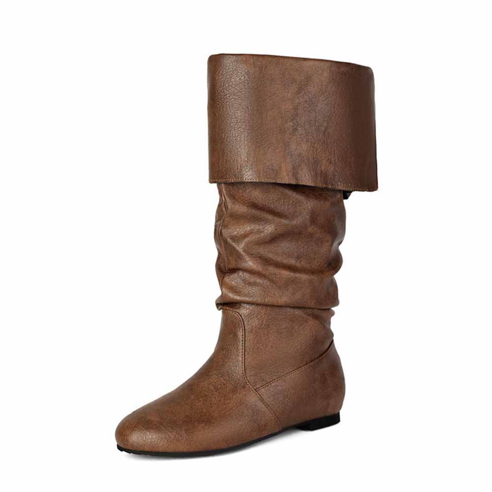 Stylish women's faux leather flat boots with slouchy design in brown for casual wear