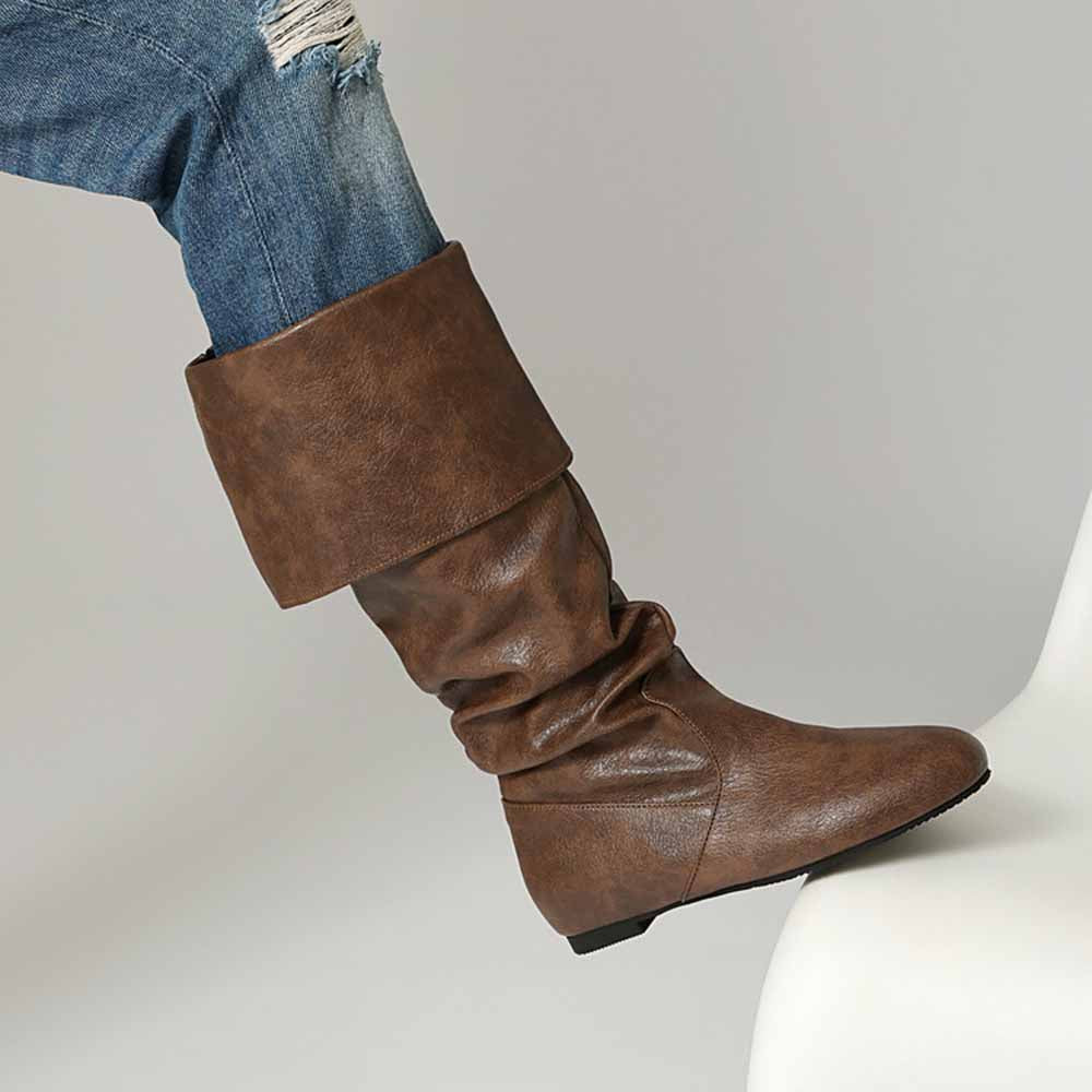 Stylish women's faux leather flat boots in brown with a slouchy design for comfortable wear