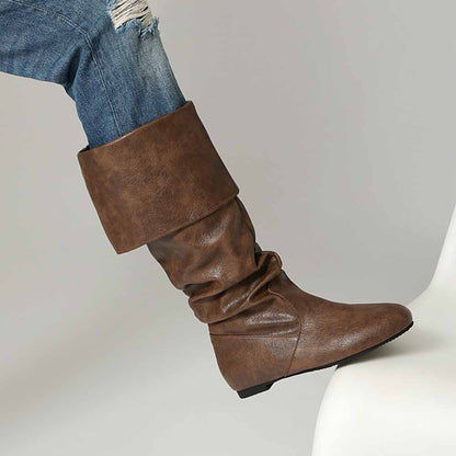Stylish women's faux leather flat boots in brown with a slouchy design for comfortable wear