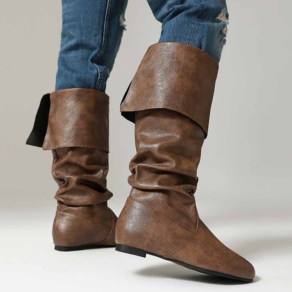 Stylish women's faux leather flat boots featuring a slouchy design and comfortable fit