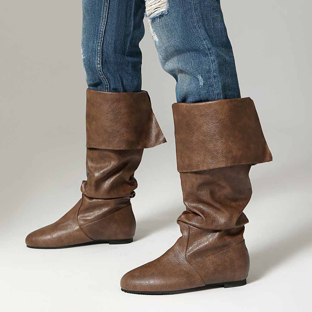 Stylish women's faux leather flat boots in brown, featuring a slouched design and a fold-over cuff