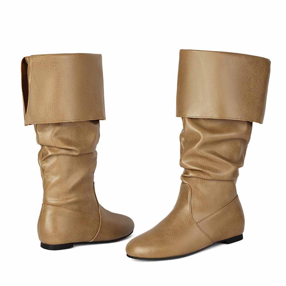 Stylish women's faux leather flat boots in tan with slouchy design and fold-over top