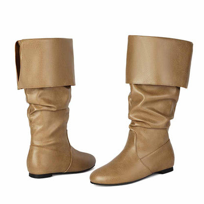 Stylish women's faux leather flat boots in tan with slouchy design and fold-over top