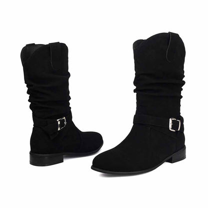 Stylish black women's flat suede ankle boots with slouch design and buckle detail