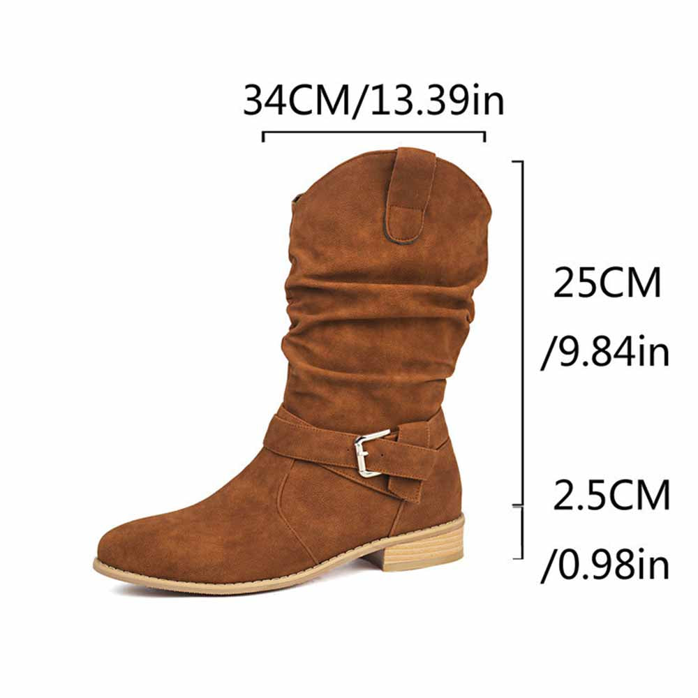 Women's flat suede ankle boots in brown with slouchy design and adjustable buckle detail