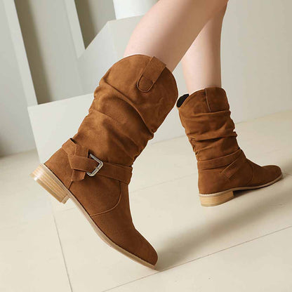 Stylish women's flat suede ankle boots with slouch design and buckle detail in brown