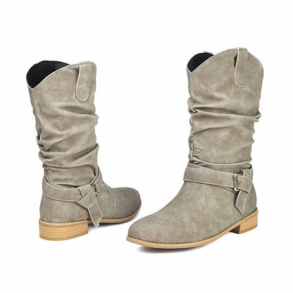 Stylish women's flat suede ankle boots in gray with slouch design and buckle detail