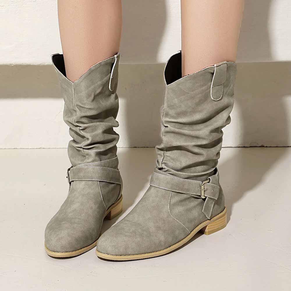 Women's flat suede ankle boots in gray with stylish buckle and slouchy design for casual wear