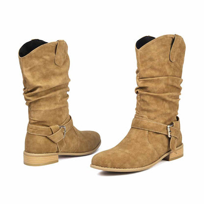 Women's flat suede ankle boots by sd-hk in soft tan with a slouchy design and buckle detail