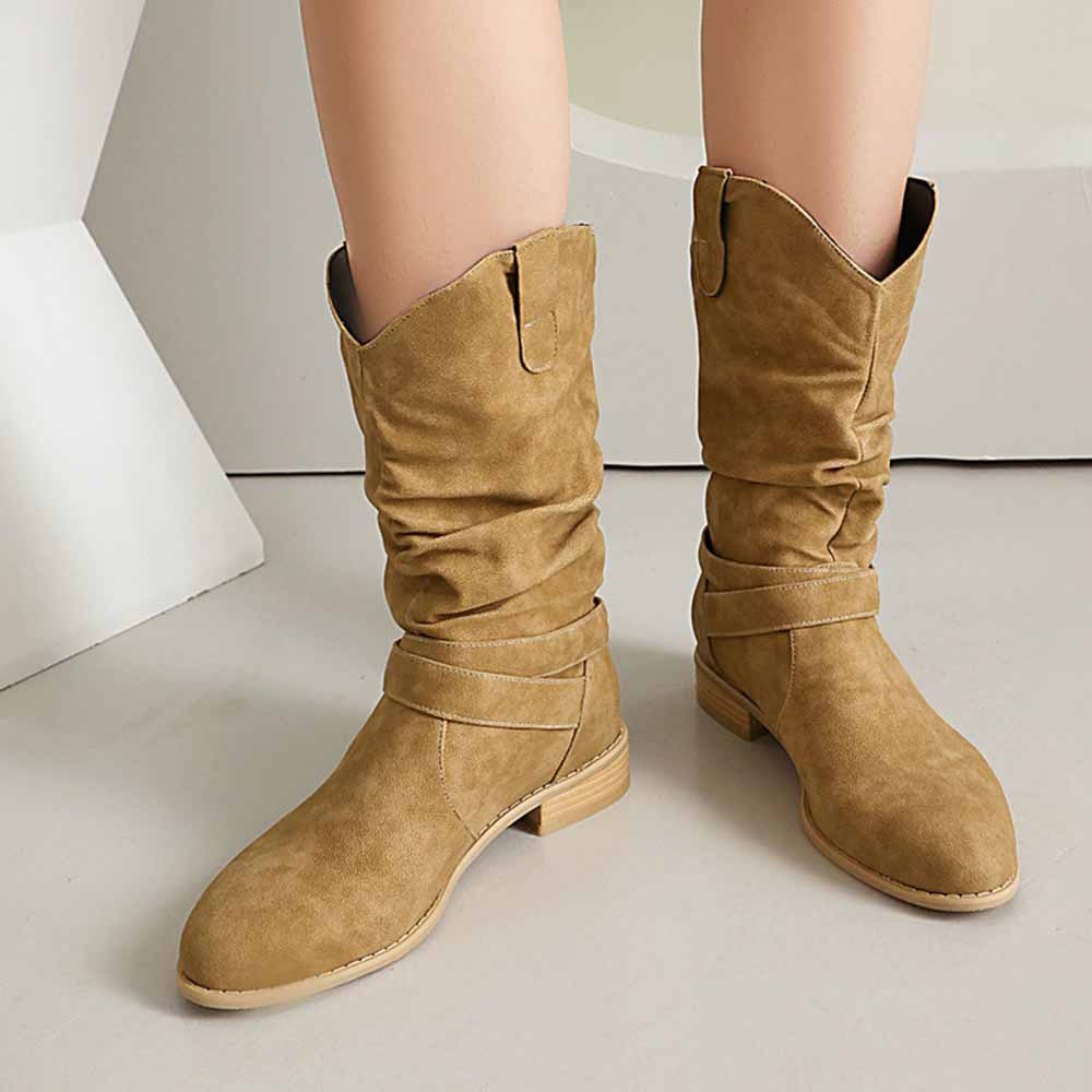 Stylish women's flat suede ankle boots in tan with slouchy design and comfortable fit