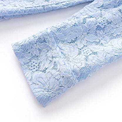 Close-up of a light blue women's formal lace pantsuit for wedding featuring intricate lace detailing