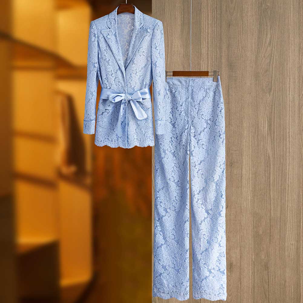Women's formal lace pantsuit for wedding featuring a stylish light blue design and elegant belt details