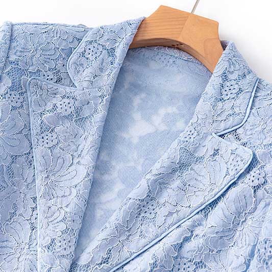 Light blue women's formal lace pantsuit for wedding with intricate floral lace design on blazer