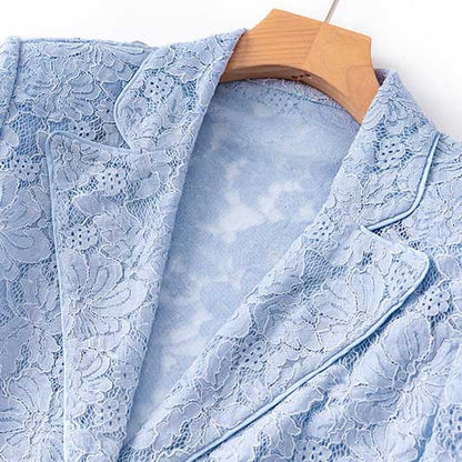 Light blue women's formal lace pantsuit for wedding with intricate floral lace design on blazer