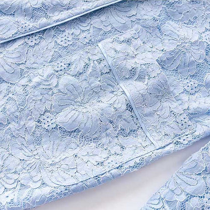 Light blue women's formal lace pantsuit for wedding with intricate floral lace design