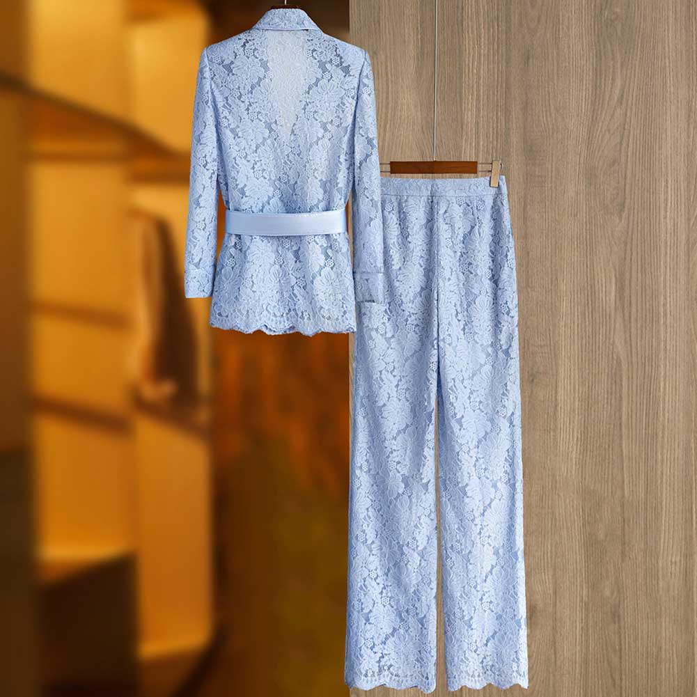 Elegant women's formal lace pantsuit for wedding with long sleeves and matching trousers in light blue