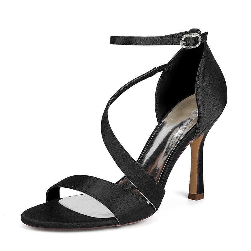 Elegant black women's formal satin strappy sandals with a sleek design and high heel for special occasions