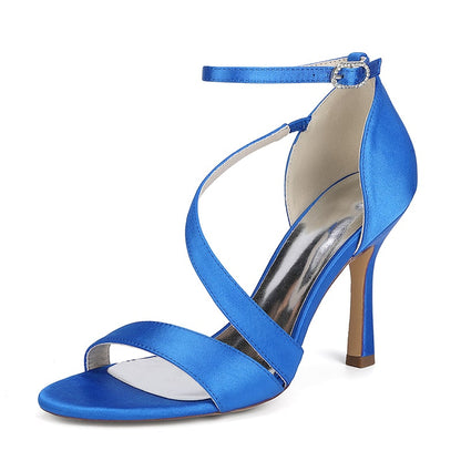 Elegant blue women's formal satin strappy sandals with ankle strap and high heel design