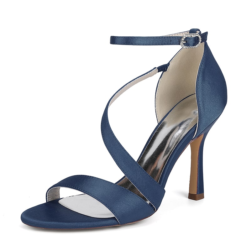 Elegant women's formal satin strappy sandals in navy blue with stylish ankle strap design