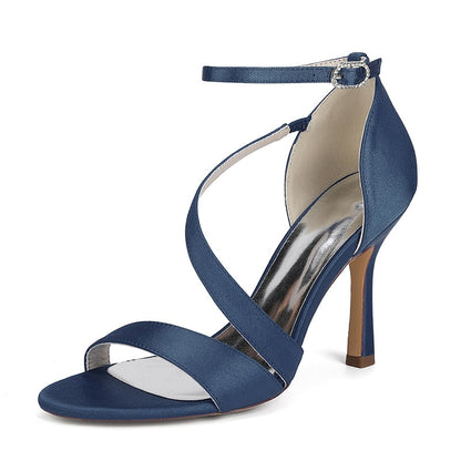 Elegant women's formal satin strappy sandals in navy blue with stylish ankle strap design
