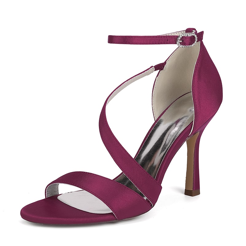 Elegant women's formal satin strappy sandals in burgundy with a sleek heel design