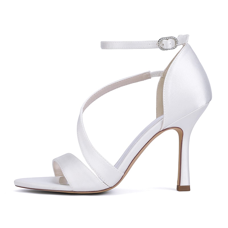 Elegant white women's formal satin strappy sandals with a sleek high heel design