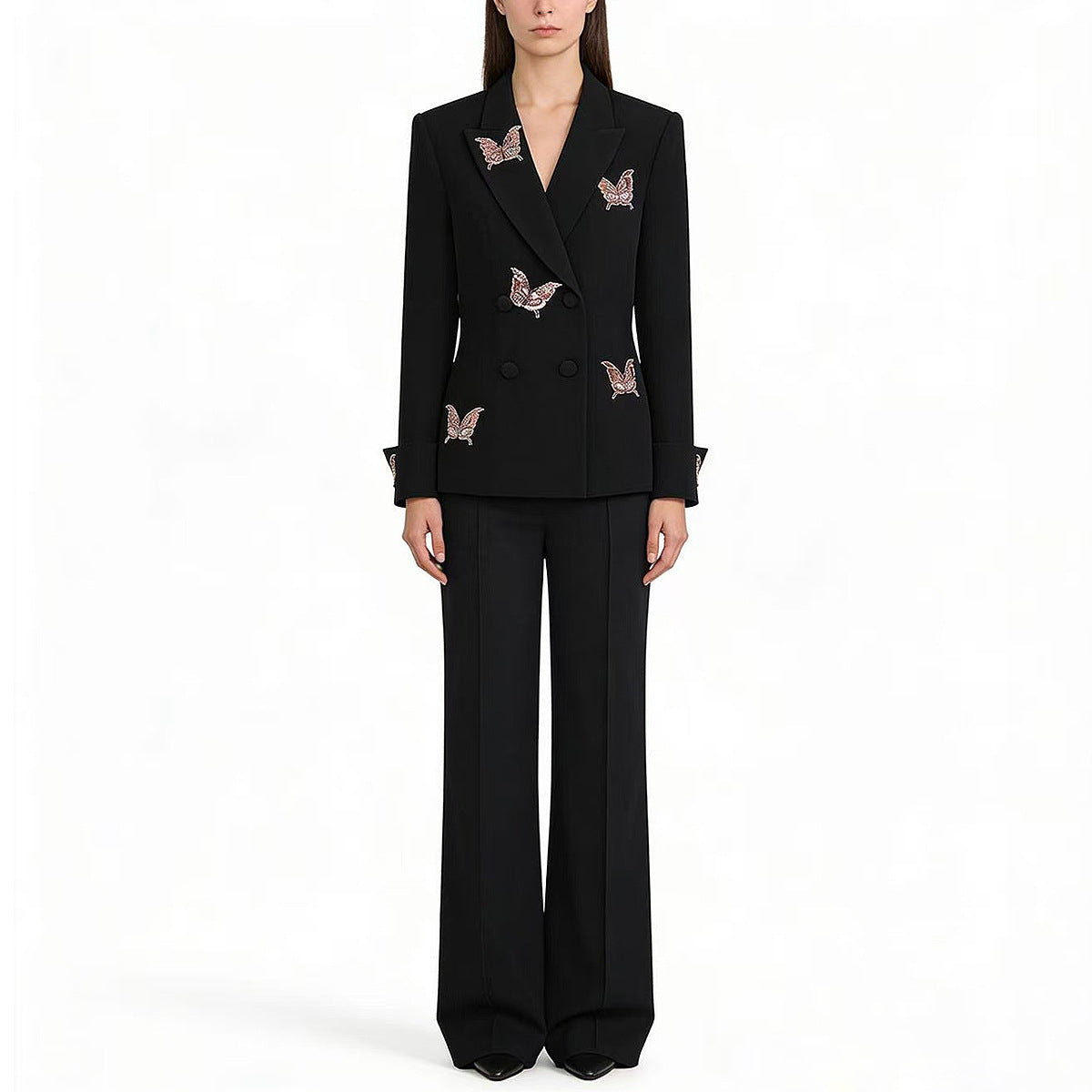 Women's formal shorts set featuring elegant black blazer with butterfly embroidery and stylish trousers