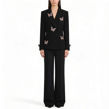 Women's formal shorts set featuring elegant black blazer with butterfly embroidery and stylish trousers