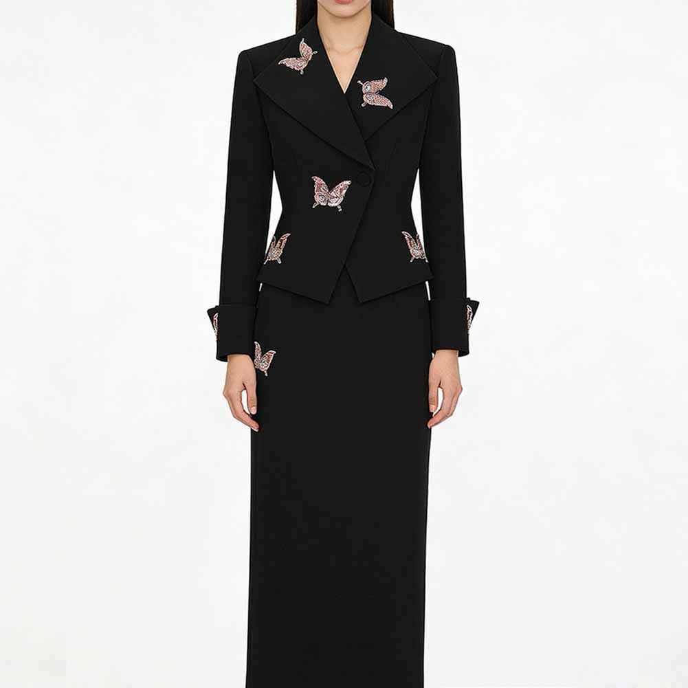 Elegant women's formal shorts set in black with butterfly embroidery for stylish events