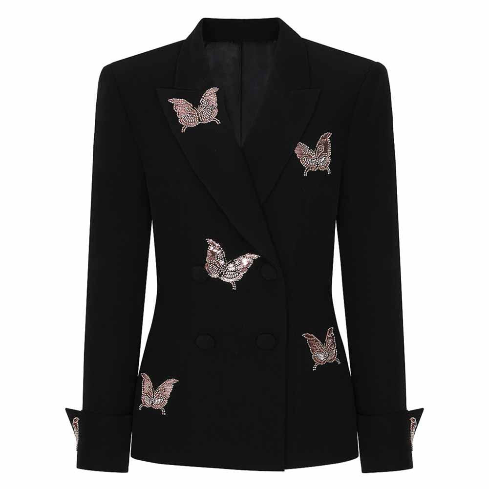SD Dresscode women's formal shorts set featuring a stylish black blazer adorned with butterfly embroidery