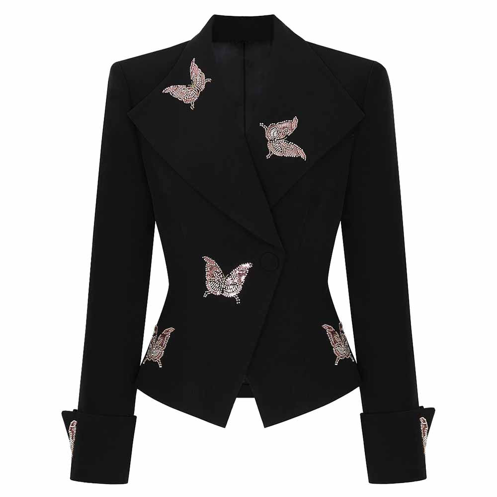 Elegant black jacket with butterfly embroidery, part of a women's formal shorts set by SD Dresscode & Fashiontrends