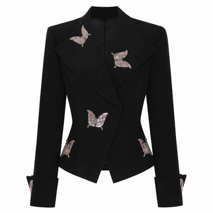 Elegant black jacket with butterfly embroidery, part of a women's formal shorts set by SD Dresscode & Fashiontrends