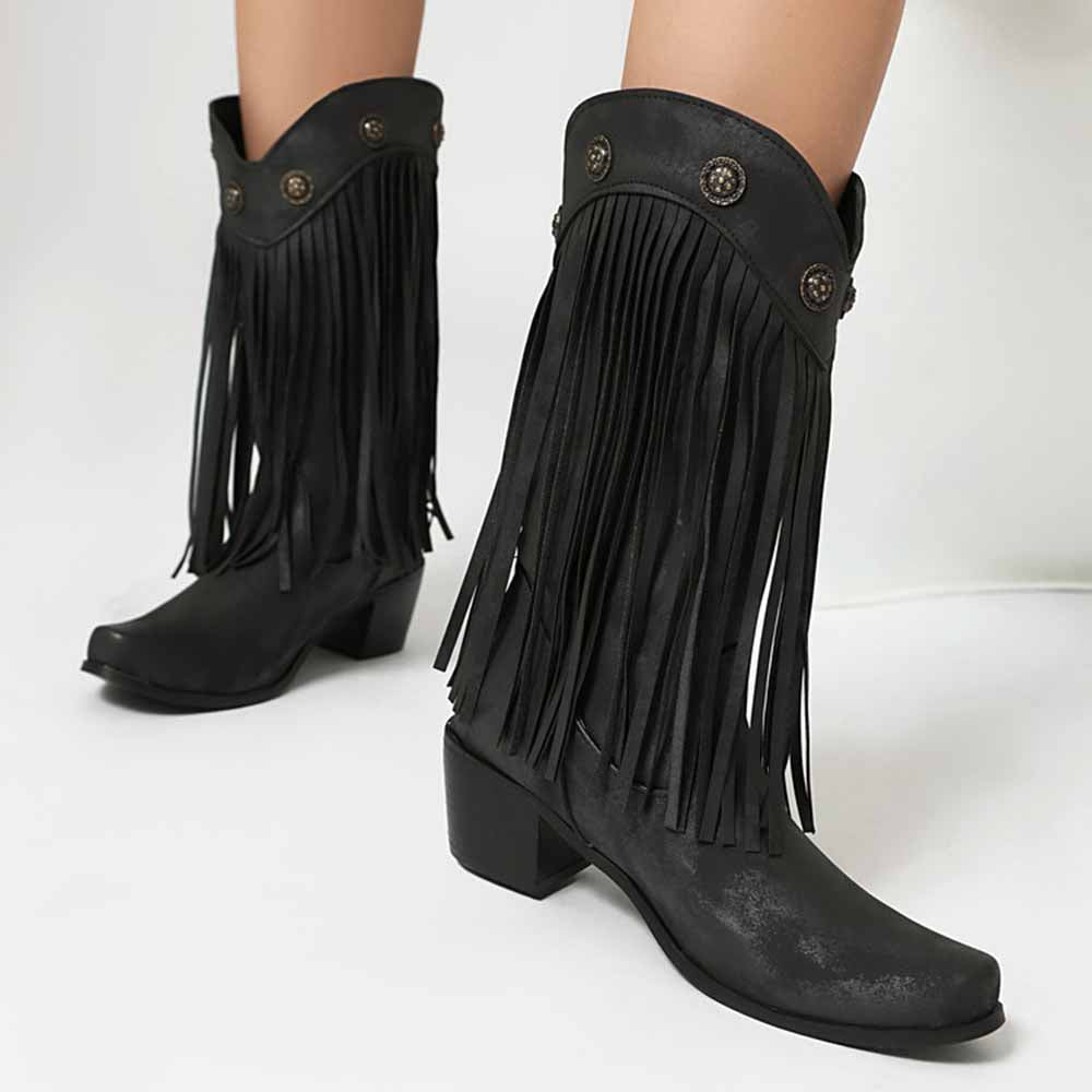 SD-HK women's fringe cowgirl boots with stylish fringe and decorative buttons for a trendy look