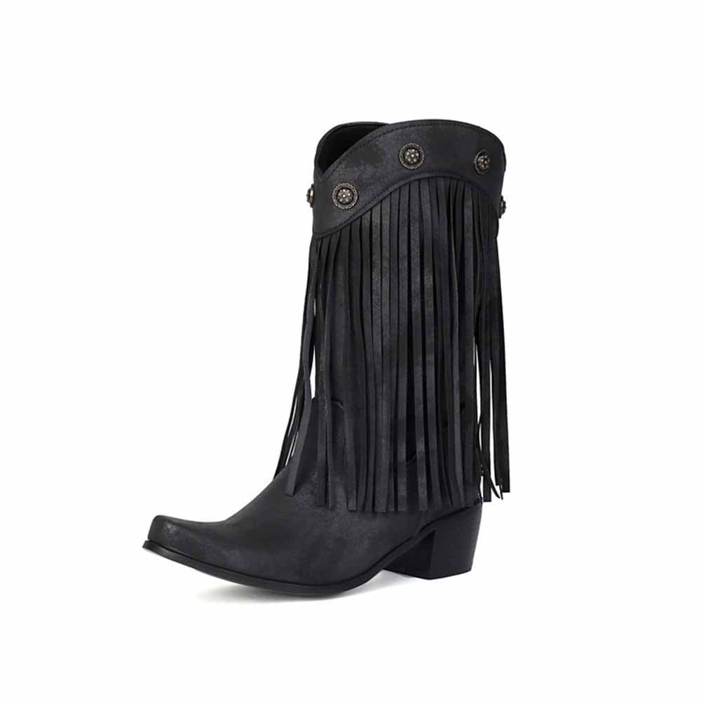 Stylish women's fringe cowgirl boots in black with decorative fringe and silver studs