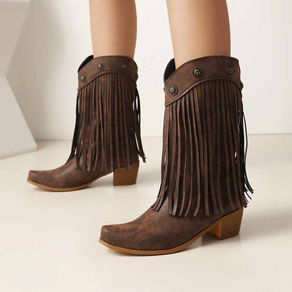 Women's fringe cowgirl boots in brown with stylish fringe detailing and decorative buttons