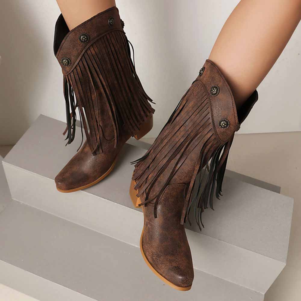 Brown women's fringe cowgirl boots featuring stylish fringe detailing and button accents