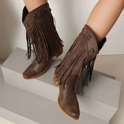 Brown women's fringe cowgirl boots featuring stylish fringe detailing and button accents