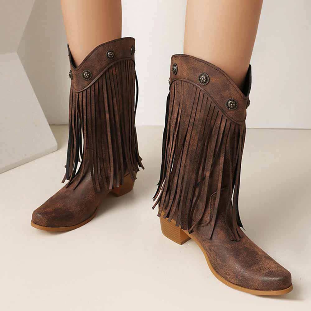 Stylish women's fringe cowgirl boots in brown with decorative fringe and metal accents