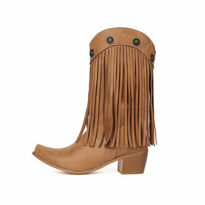 Stylish women's fringe cowgirl boots with decorative buttons and a stacked heel for a trendy look