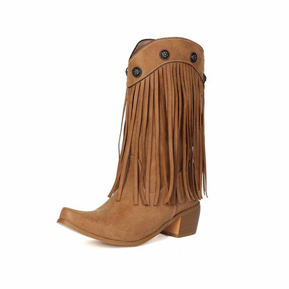 Tan women's fringe cowgirl boots with decorative buttons and stylish fringe detail