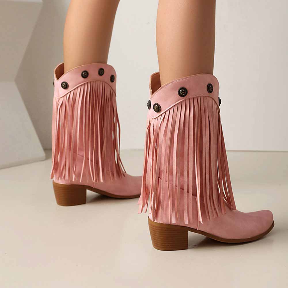 Stylish women's fringe cowgirl boots in pink with decorative buttons and a stacked heel