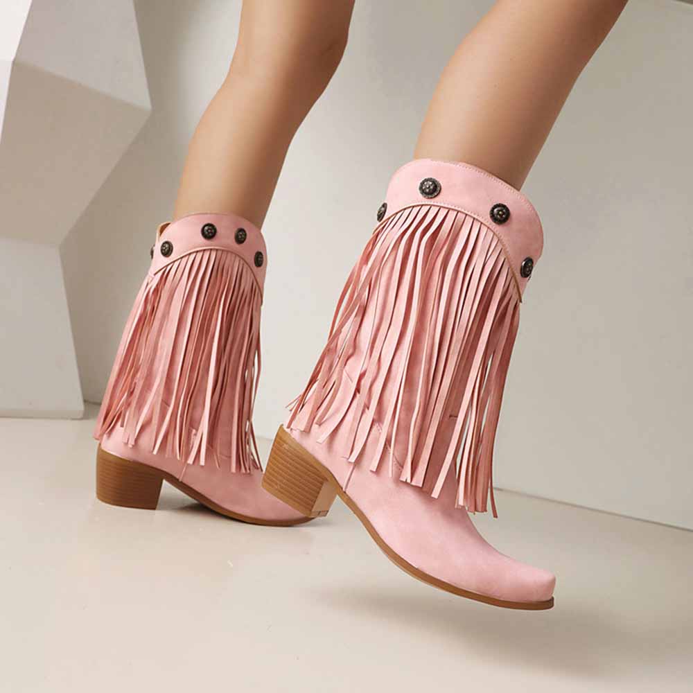 Stylish women's fringe cowgirl boots in pink with decorative buttons and a comfortable heel