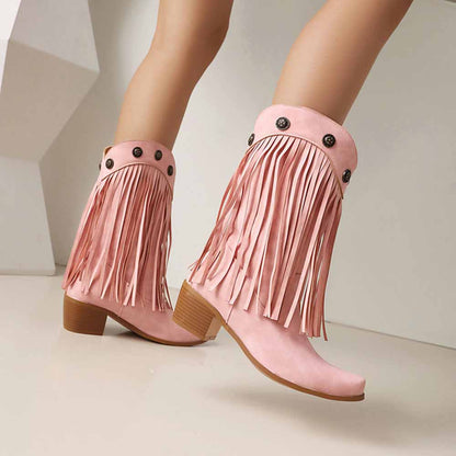 Stylish women's fringe cowgirl boots in pink with decorative buttons and a comfortable heel