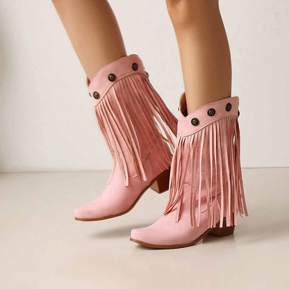 Stylish women's fringe cowgirl boots in pink with decorative buttons for a trendy look