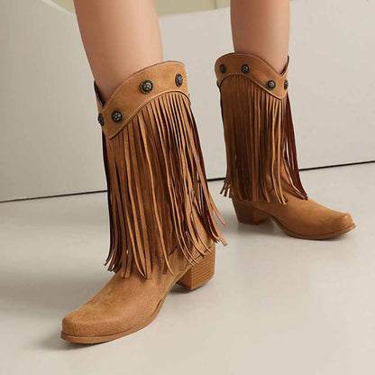 Stylish women's fringe cowgirl boots in tan with decorative fringe and button details for a trendy look