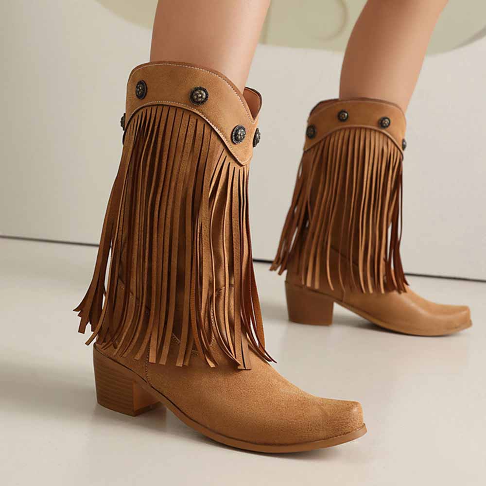 Stylish women's fringe cowgirl boots with decorative buttons and a mid-heel design